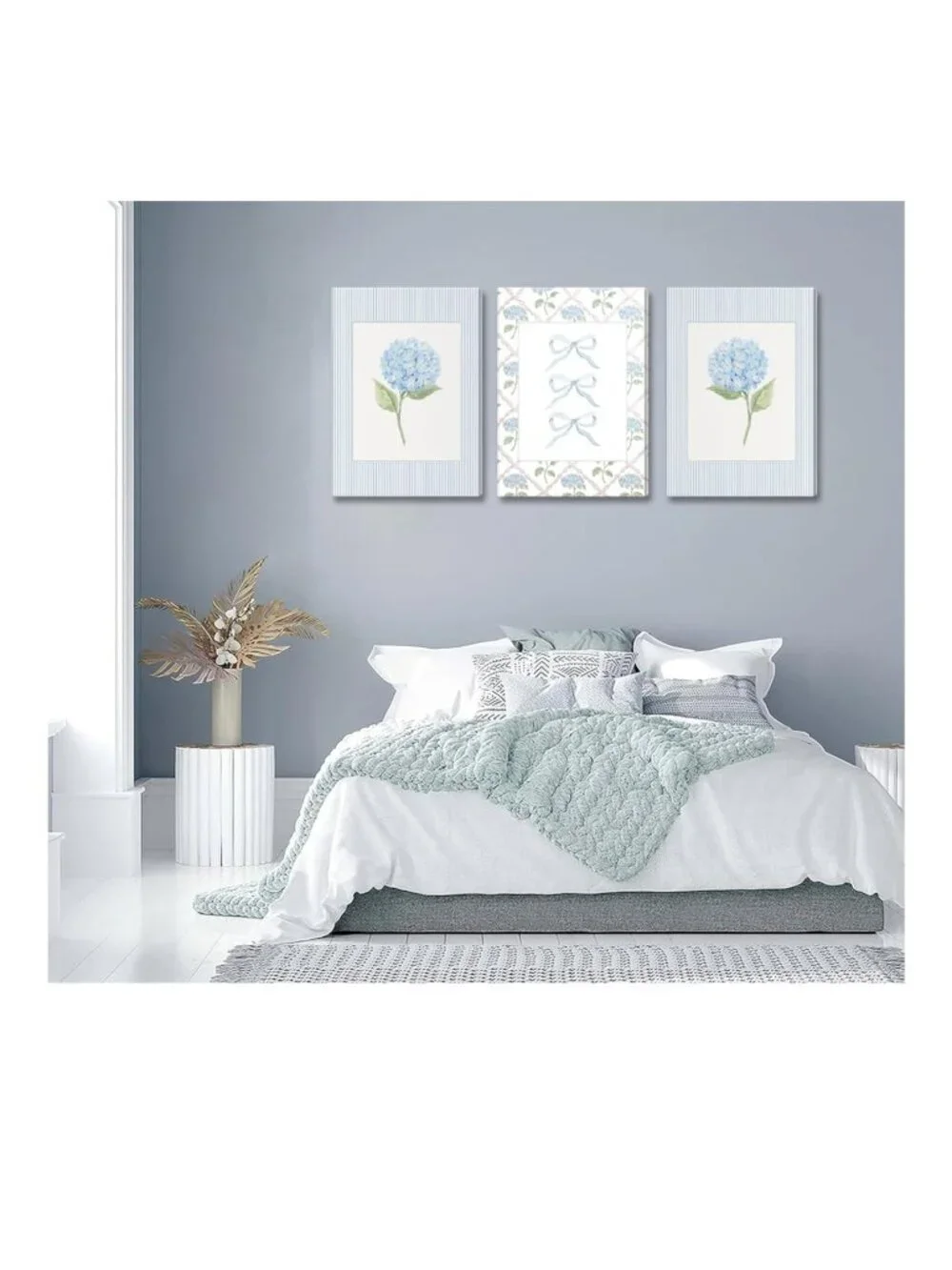 Blue Hydrangea Wall Art Set of 3 Canvas Prints Cottagecore Floral Bow Decor